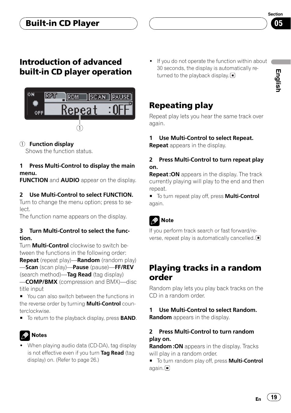 Introduction of advanced built-in cd player, Operation 19, Repeatingplay | Playingtracks in a random order, Built-in cd player | Pioneer DEH-P1Y User Manual | Page 19 / 64