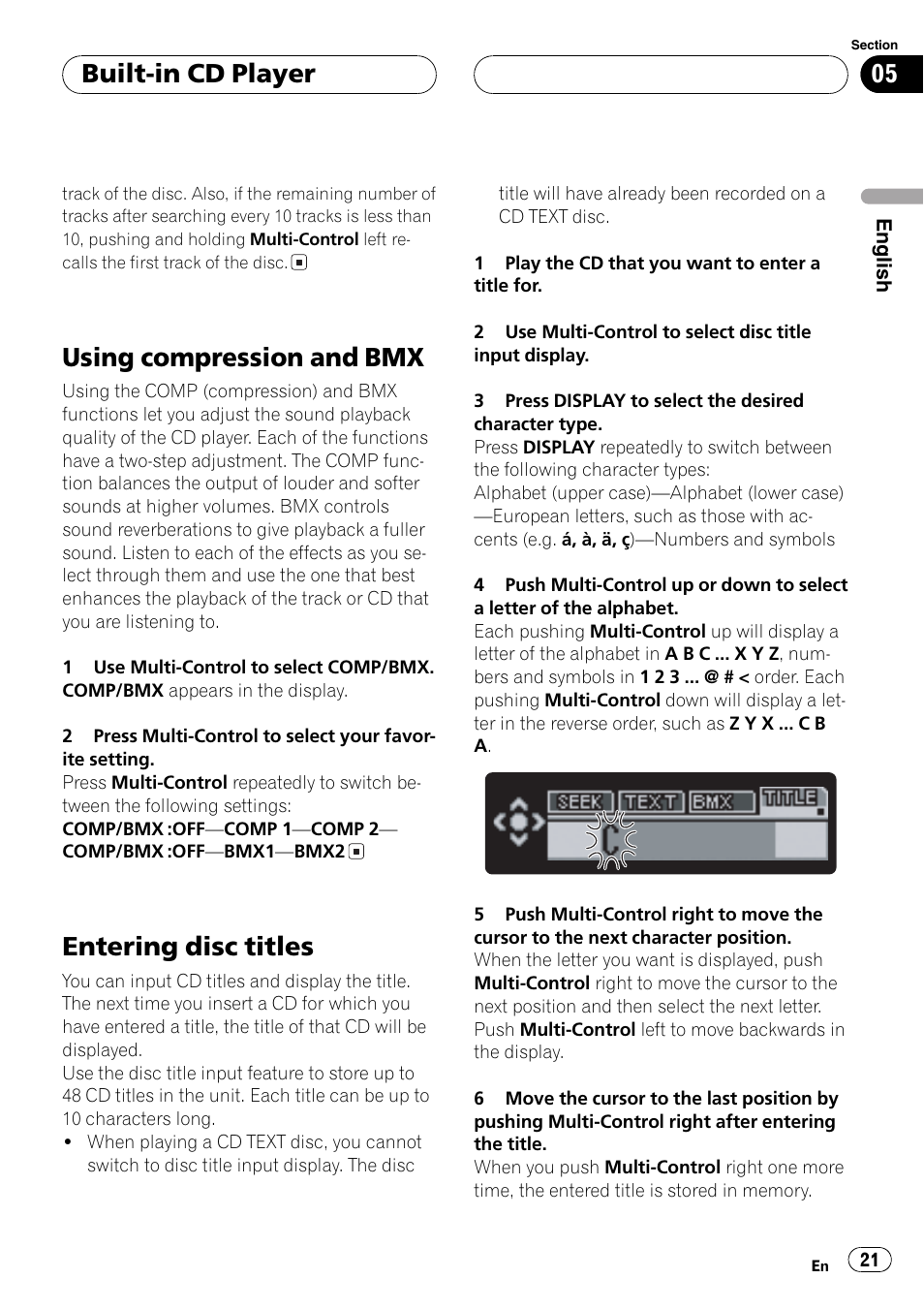 Usingcompression and bmx, Enteringdisc titles, Built-in cd player | Pioneer DEH-P1Y User Manual | Page 21 / 64