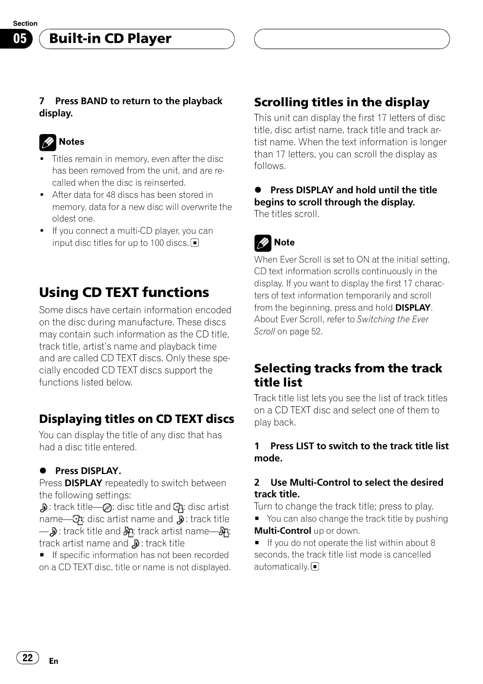 Using cd text functions 22, Displaying titles on cd text, Discs 22 | Scrolling titles in the display 22, Selecting tracks from the track title, List 22, Usingcd text functions, Built-in cd player, Displayingtitles on cd text discs, Scrollingtitles in the display | Pioneer DEH-P1Y User Manual | Page 22 / 64