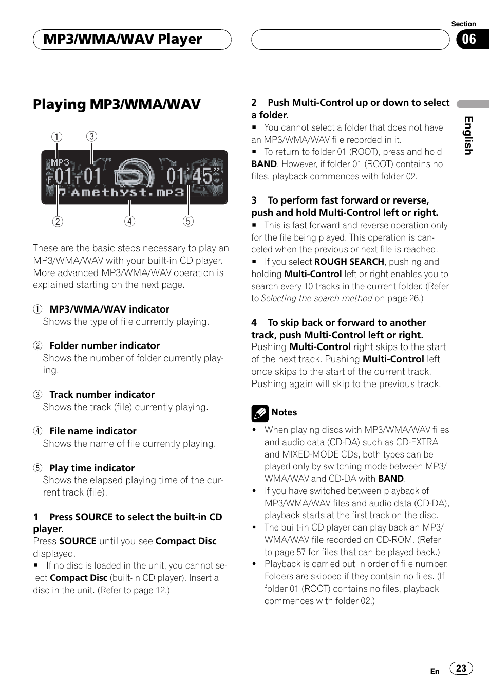 Mp3/wma/wav player playing mp3/wma/wav 23, Playingmp3/wma/wav, Mp3/wma/wav player | Pioneer DEH-P1Y User Manual | Page 23 / 64