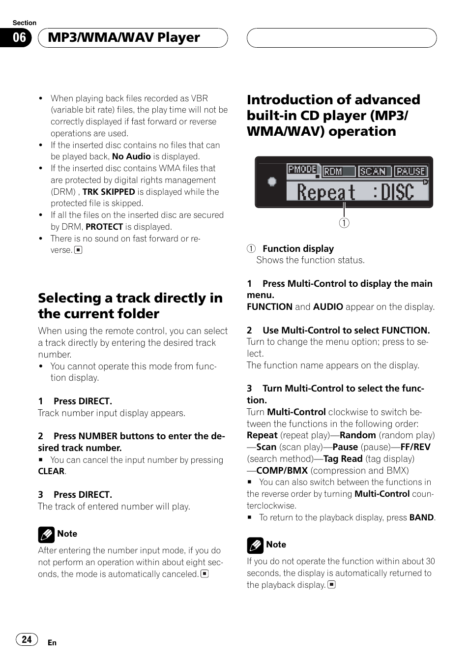 Selecting a track directly in the current, Folder 24, Introduction of advanced built-in cd player | Mp3/wma/wav) operation 24, Selectinga track directly in the current folder, Mp3/wma/wav player | Pioneer DEH-P1Y User Manual | Page 24 / 64