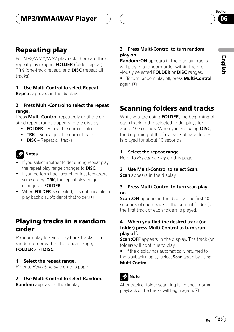 Repeatingplay, Playingtracks in a random order, Scanningfolders and tracks | Mp3/wma/wav player | Pioneer DEH-P1Y User Manual | Page 25 / 64