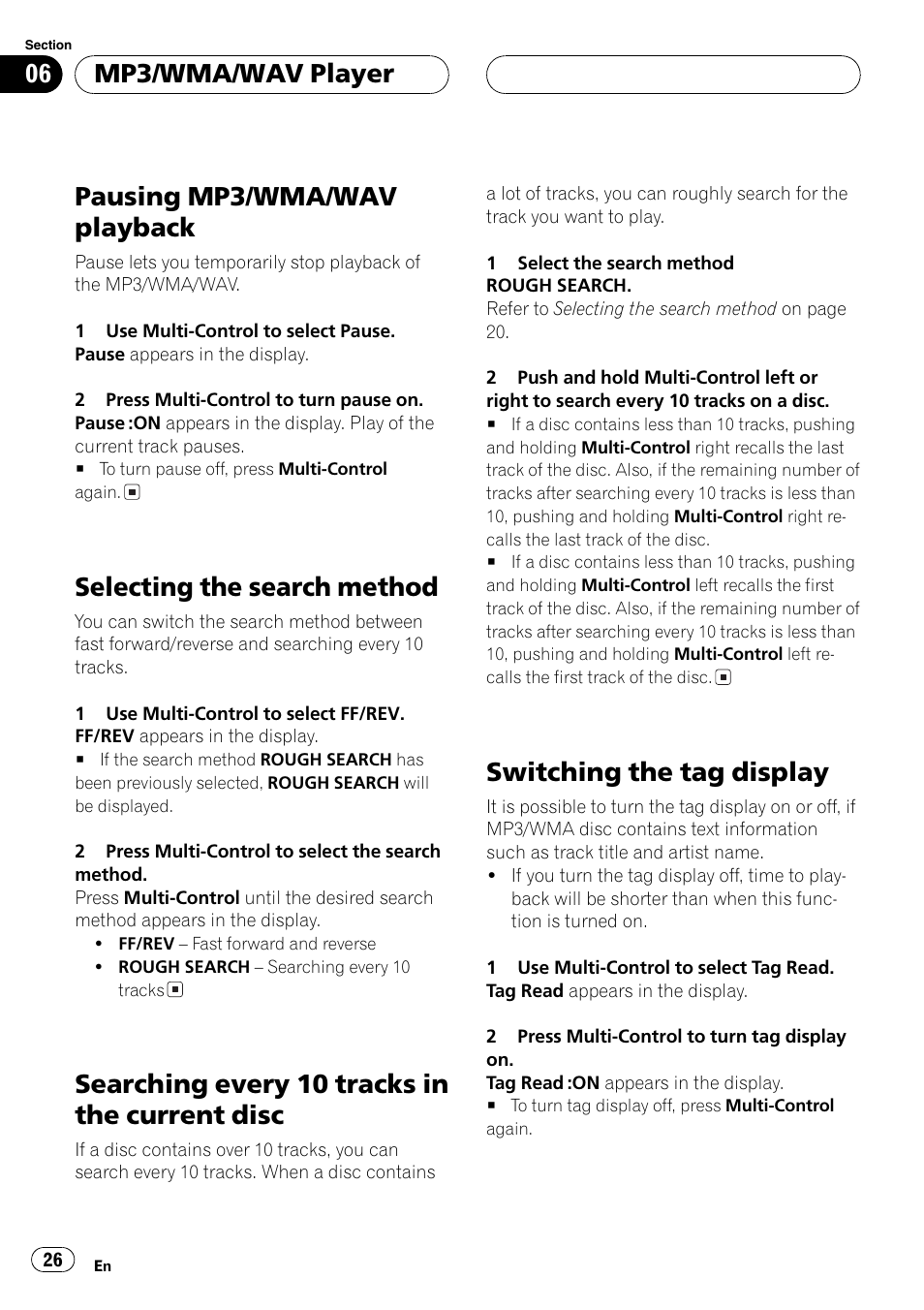 Disc 26, Switching the tag display 26, Pausingmp3/wma/wav playback | Selectingthe search method, Searchingevery 10 tracks in the current disc, Switchingthe tagdisplay, Mp3/wma/wav player | Pioneer DEH-P1Y User Manual | Page 26 / 64