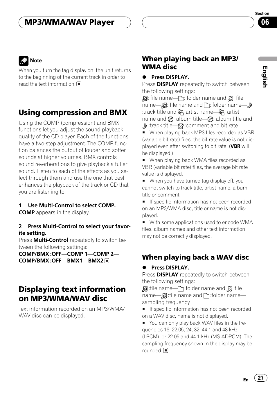 Using compression and bmx 27, Displaying text information on mp3/wma, Wav disc 27 | When playing back an mp3/wma, Disc 27, When playing back a wav disc 27, Usingcompression and bmx, Displayingtext information on mp3/wma/wav disc, Mp3/wma/wav player | Pioneer DEH-P1Y User Manual | Page 27 / 64