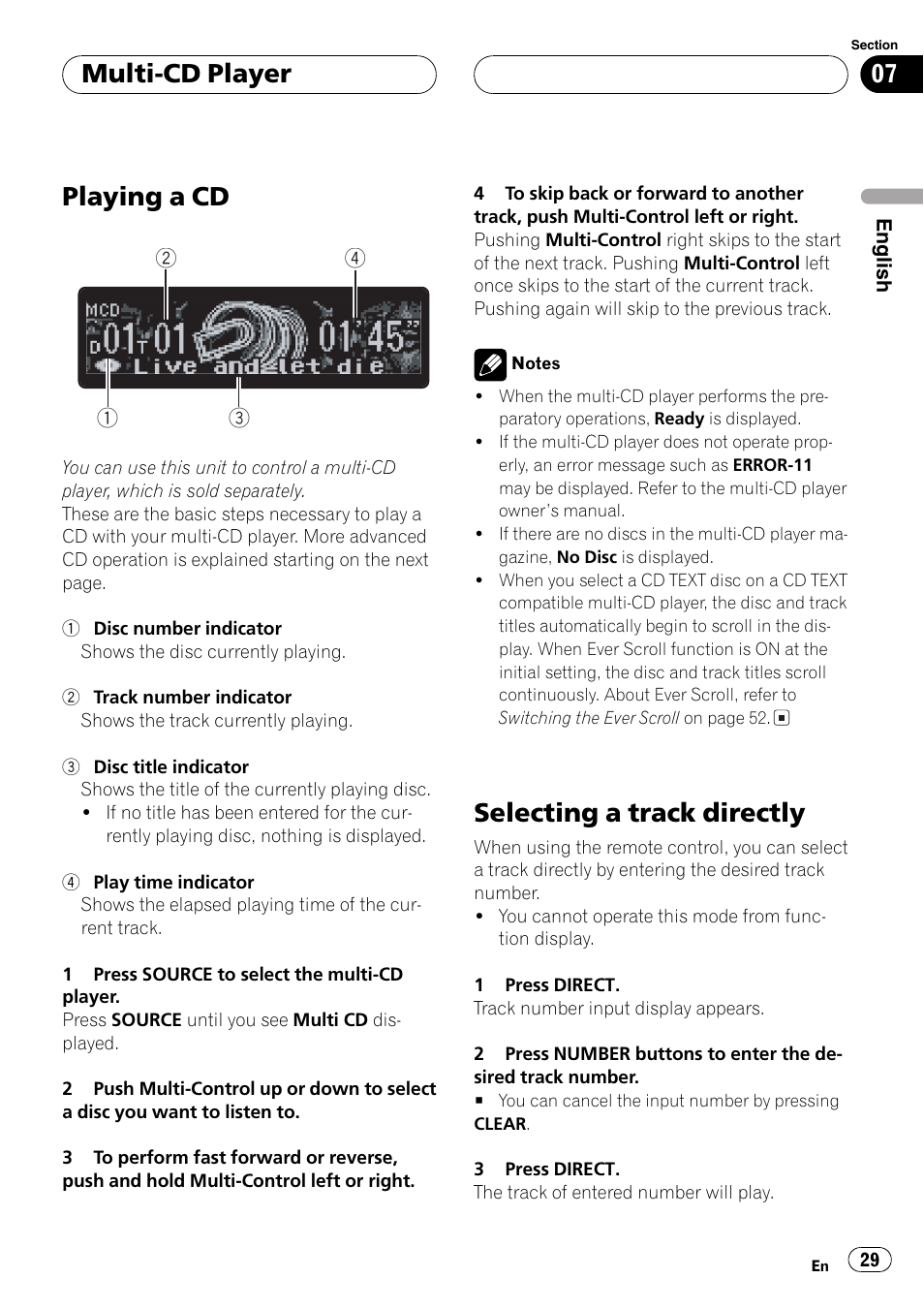 Playinga cd, Selectinga track directly, Multi-cd player | Pioneer DEH-P1Y User Manual | Page 29 / 64