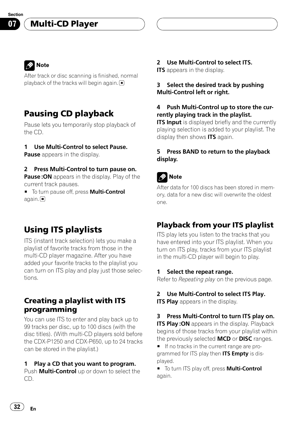 Pausing cd playback 32 using its playlists 32, Creating a playlist with its, Programming 32 | Playback from your its playlist 32, Pausingcd playback, Usingits playlists, Multi-cd player, Creatinga playlist with its programming, Playback from your its playlist | Pioneer DEH-P1Y User Manual | Page 32 / 64