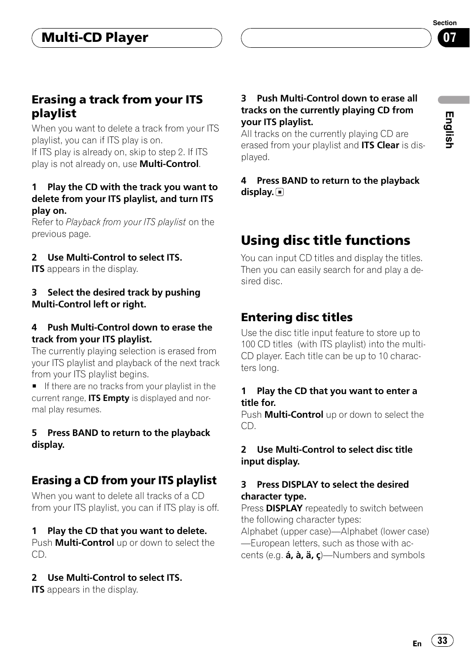 Erasing a track from your its, Playlist 33, Erasing a cd from your its | Using disc title functions 33, Entering disc titles 33, Usingdisc title functions, Multi-cd player, Erasinga track from your its playlist, Erasinga cd from your its playlist, Enteringdisc titles | Pioneer DEH-P1Y User Manual | Page 33 / 64