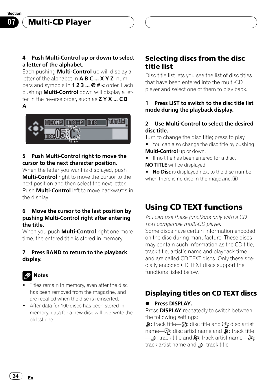 Selecting discs from the disc title, List 34, Using cd text functions 34 | Displaying titles on cd text, Discs 34, Usingcd text functions, Multi-cd player, Selectingdiscs from the disc title list, Displayingtitles on cd text discs | Pioneer DEH-P1Y User Manual | Page 34 / 64