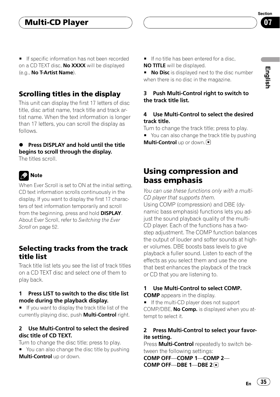Scrolling titles in the display 35, Selecting tracks from the track title, List 35 | Using compression and bass emphasis 35, Usingcompression and bass emphasis, Multi-cd player, Scrollingtitles in the display, Selectingtracks from the track title list | Pioneer DEH-P1Y User Manual | Page 35 / 64