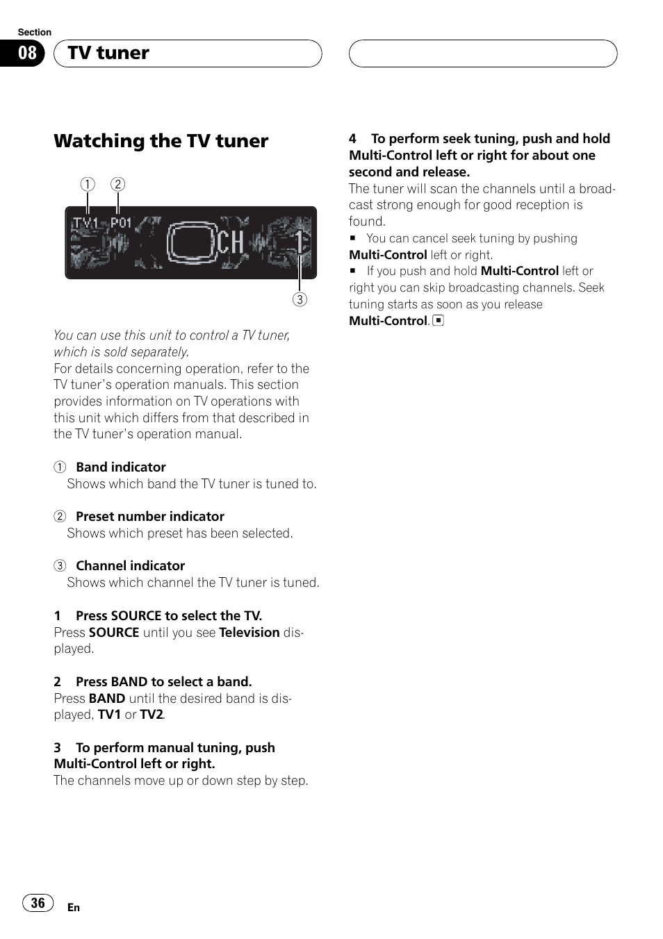 Tv tuner watching the tv tuner 36, Watchingthe tv tuner, Tv tuner | Pioneer DEH-P1Y User Manual | Page 36 / 64