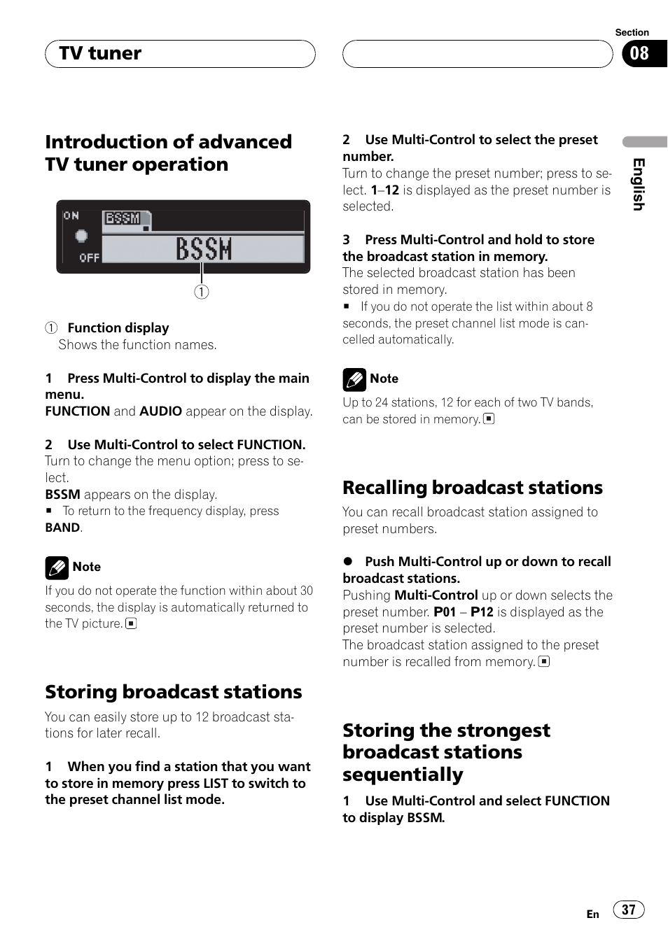 Introduction of advanced tv tuner, Operation 37, Sequentially 37 | Introduction of advanced tv tuner operation, Storingbroadcast stations, Recallingbroadcast stations, Tv tuner | Pioneer DEH-P1Y User Manual | Page 37 / 64