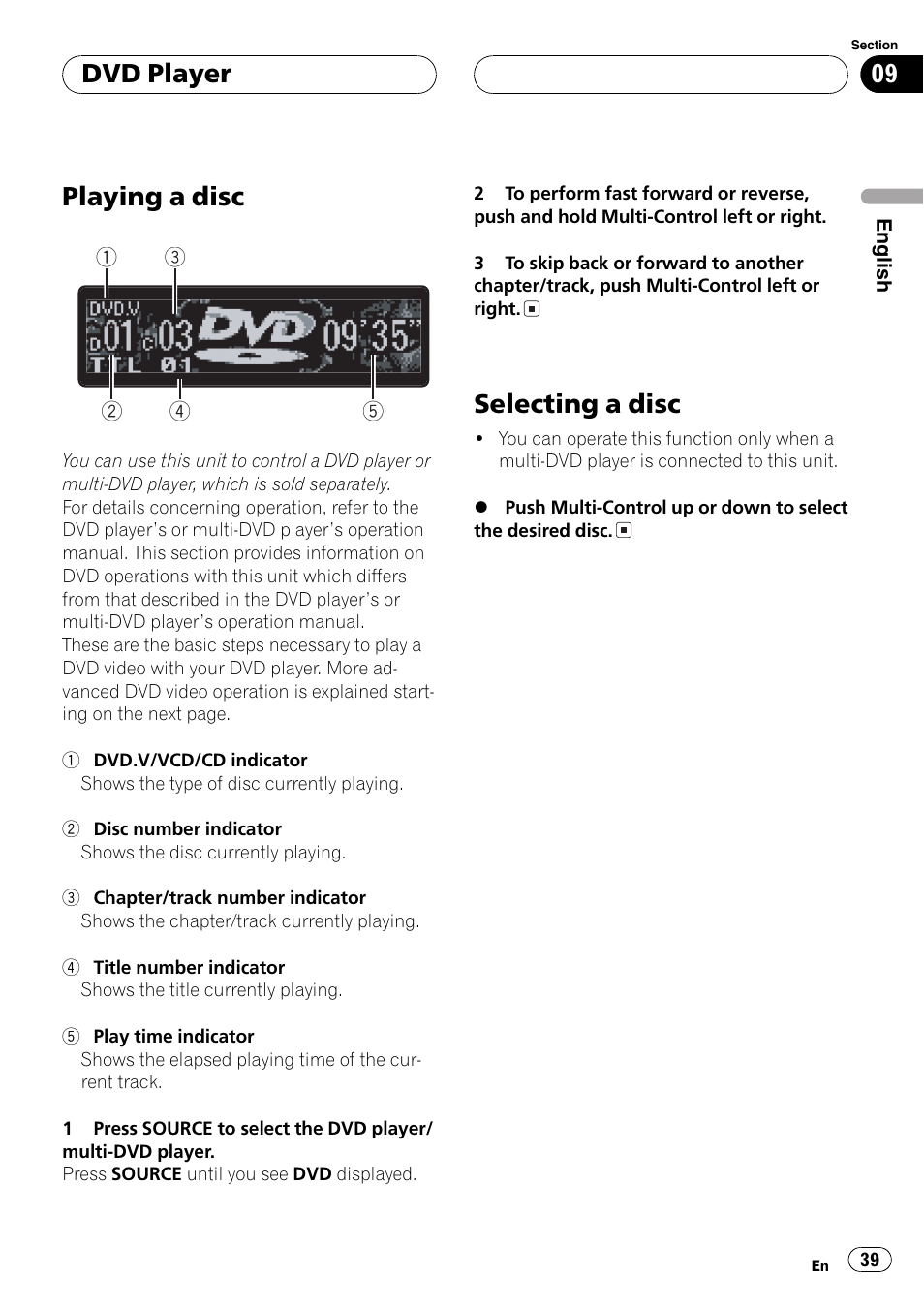Dvd player playing a disc 39 selecting a disc 39, Playinga disc, Selectinga disc | Dvd player | Pioneer DEH-P1Y User Manual | Page 39 / 64
