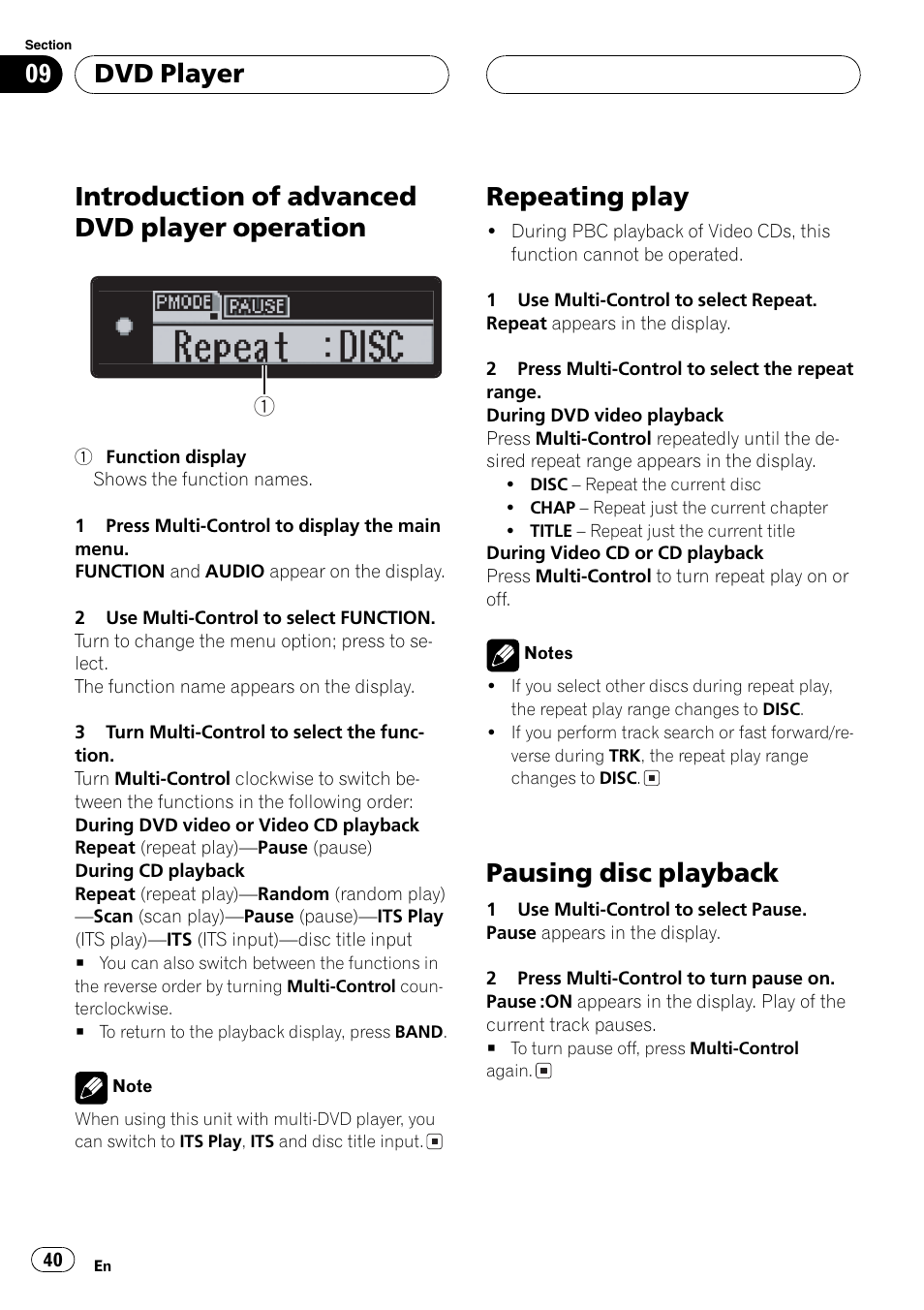 Introduction of advanced dvd player, Operation 40, Repeating play 40 pausing disc playback 40 | Introduction of advanced dvd player operation, Repeatingplay, Pausingdisc playback, Dvd player | Pioneer DEH-P1Y User Manual | Page 40 / 64