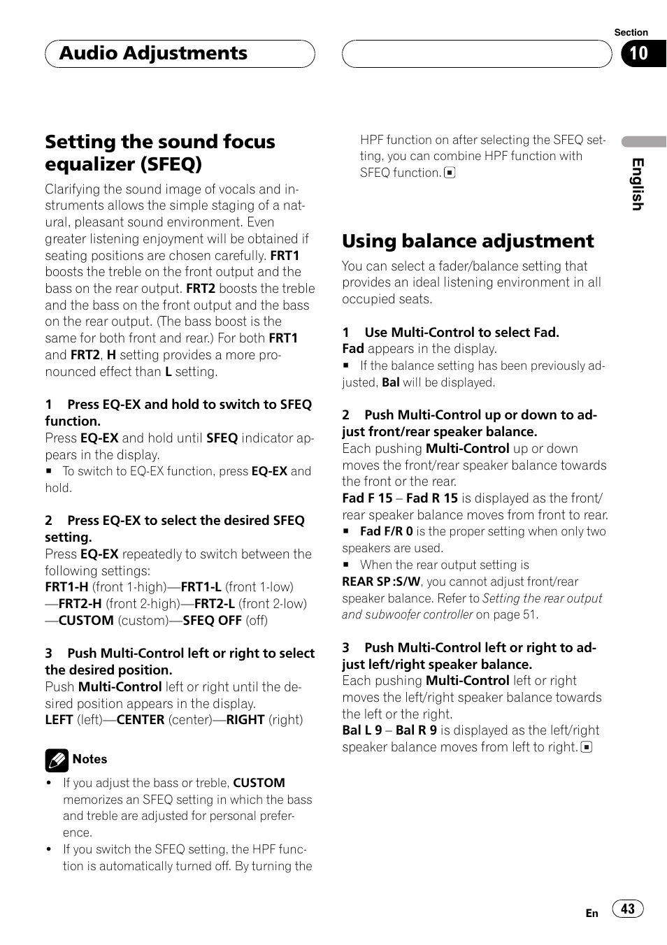 Setting the sound focus equalizer, Sfeq) 43, Using balance adjustment 43 | Settingthe sound focus equalizer (sfeq), Usingbalance adjustment, Audio adjustments | Pioneer DEH-P1Y User Manual | Page 43 / 64