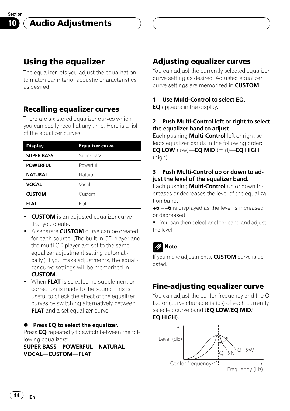 Using the equalizer 44, Recalling equalizer curves 44, Adjusting equalizer curves 44 | Fine-adjusting equalizer curve 44, Usingthe equalizer, Audio adjustments, Recallingequalizer curves, Adjustingequalizer curves, Fine-adjustingequalizer curve | Pioneer DEH-P1Y User Manual | Page 44 / 64