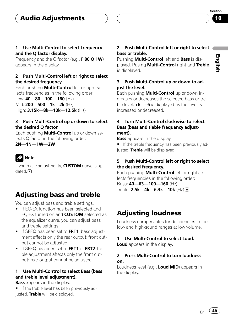 Adjusting bass and treble 45 adjusting loudness 45, Adjustingbass and treble, Adjustingloudness | Audio adjustments | Pioneer DEH-P1Y User Manual | Page 45 / 64