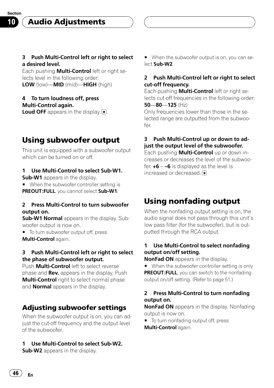 Using subwoofer output 46, Adjusting subwoofer settings 46, Using nonfading output 46 | Usingsubwoofer output, Usingnonfadingoutput, Audio adjustments, Adjustingsubwoofer settings | Pioneer DEH-P1Y User Manual | Page 46 / 64