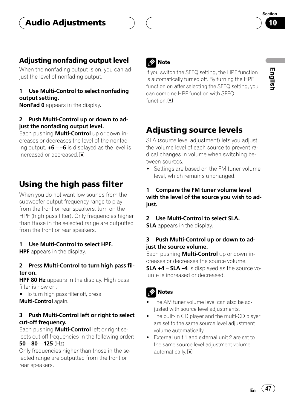 Adjusting nonfading output level 47, Usingthe high pass filter, Adjustingsource levels | Audio adjustments, Adjustingnonfadingoutput level | Pioneer DEH-P1Y User Manual | Page 47 / 64