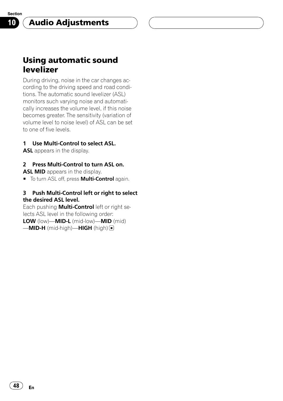 Using automatic sound levelizer 48, Usingautomatic sound levelizer, Audio adjustments | Pioneer DEH-P1Y User Manual | Page 48 / 64