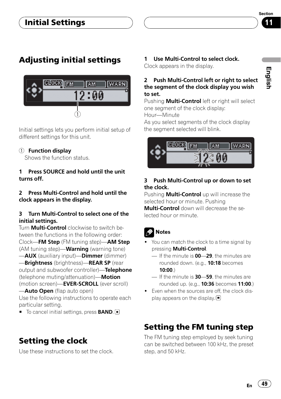 Adjustinginitial settings, Settingthe clock, Settingthe fm tuningstep | Initial settings | Pioneer DEH-P1Y User Manual | Page 49 / 64