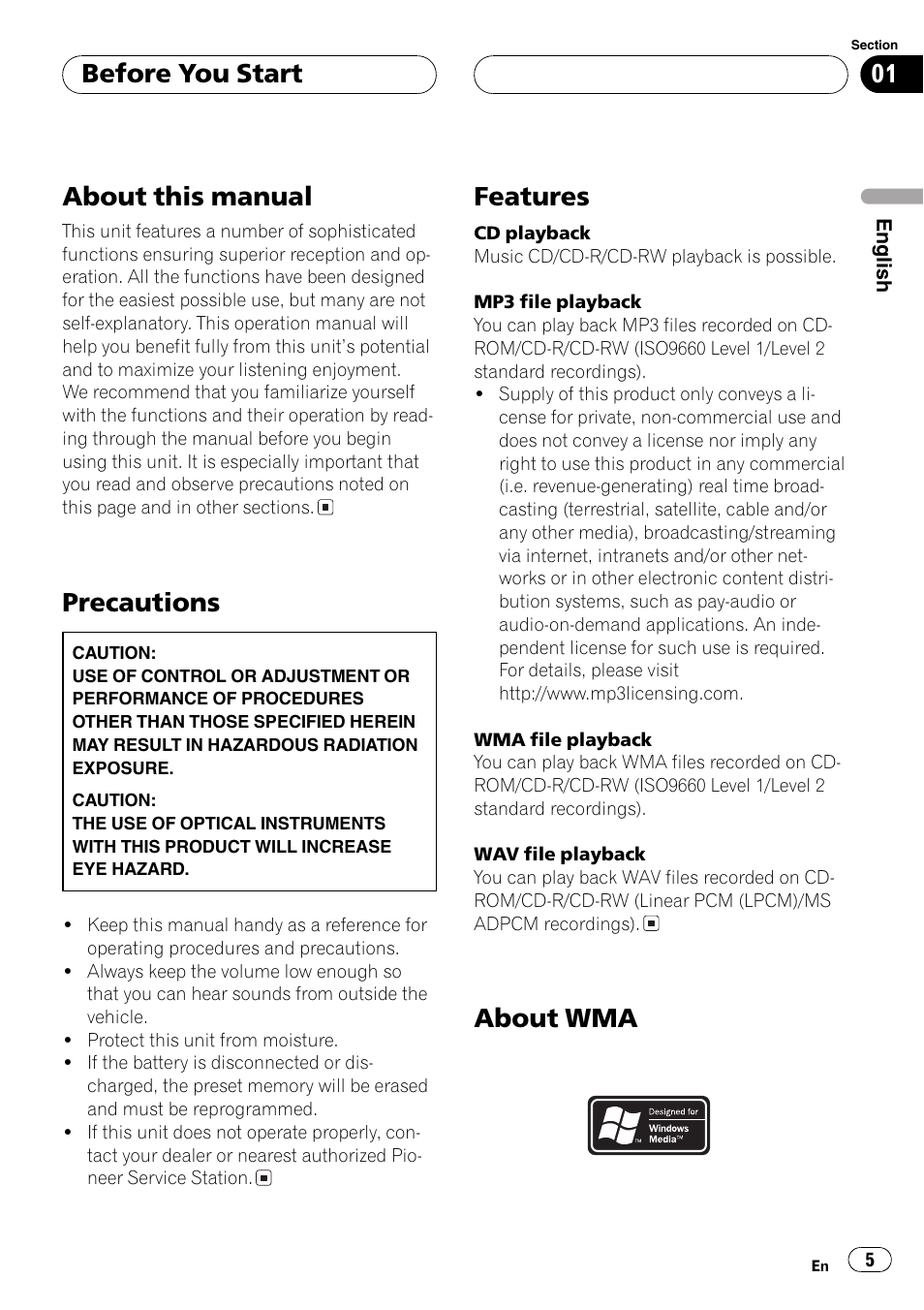 About this manual, Precautions, Features | About wma before you start | Pioneer DEH-P1Y User Manual | Page 5 / 64