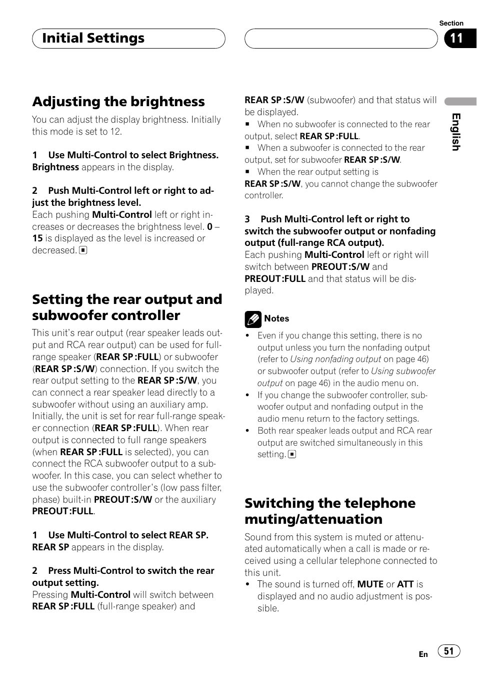 Controller 51, Switching the telephone muting, Attenuation 51 | Adjustingthe brightness, Settingthe rear output and subwoofer controller, Switchingthe telephone muting/attenuation, Initial settings | Pioneer DEH-P1Y User Manual | Page 51 / 64