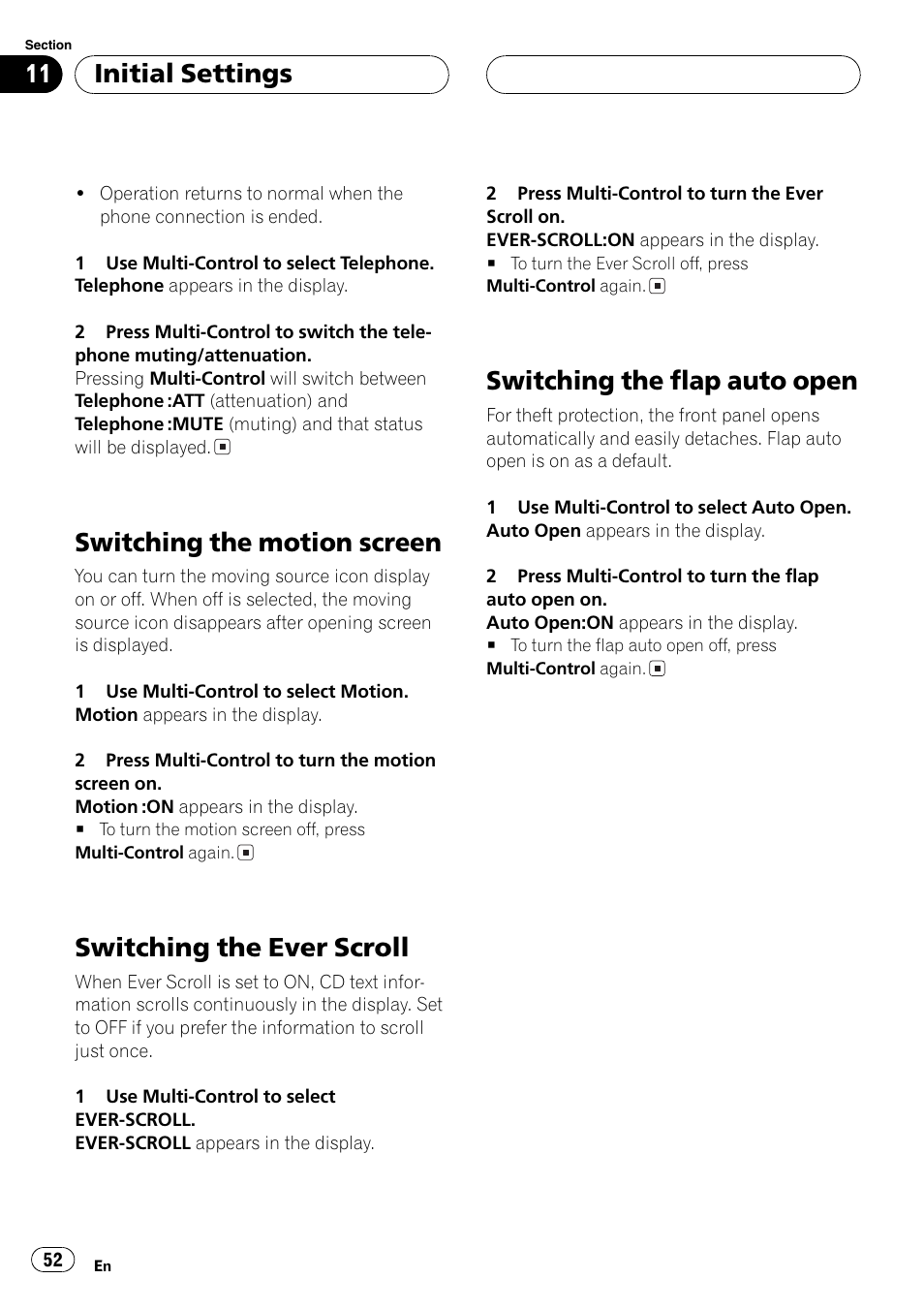 Switchingthe motion screen, Switchingthe ever scroll, Switchingthe flap auto open | Initial settings | Pioneer DEH-P1Y User Manual | Page 52 / 64