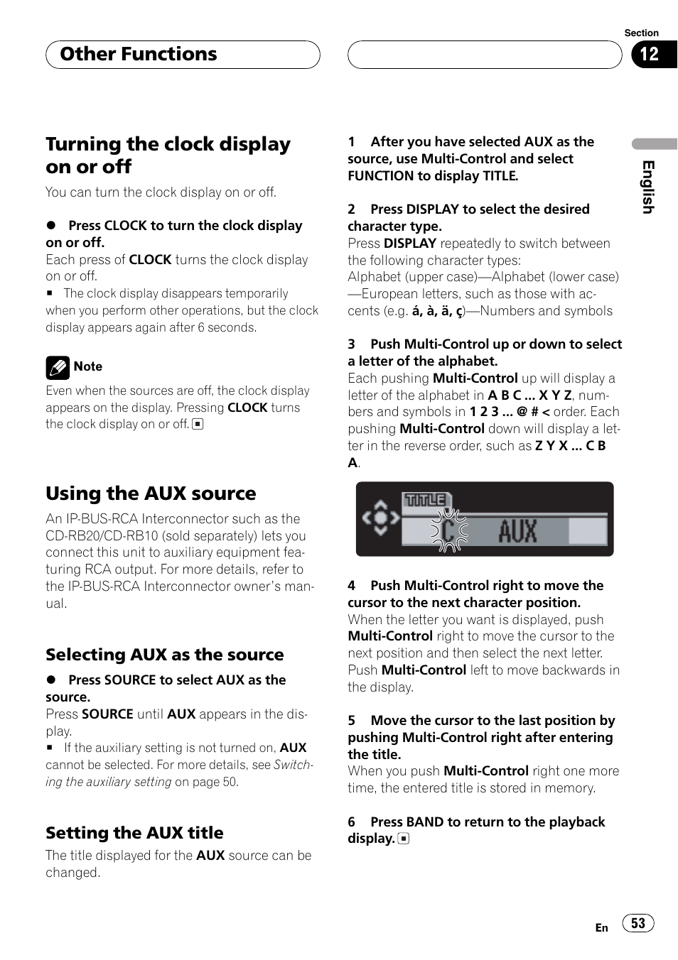 Selecting aux as the source 53, Setting the aux title 53, Turningthe clock display on or off | Usingthe aux source, Other functions | Pioneer DEH-P1Y User Manual | Page 53 / 64