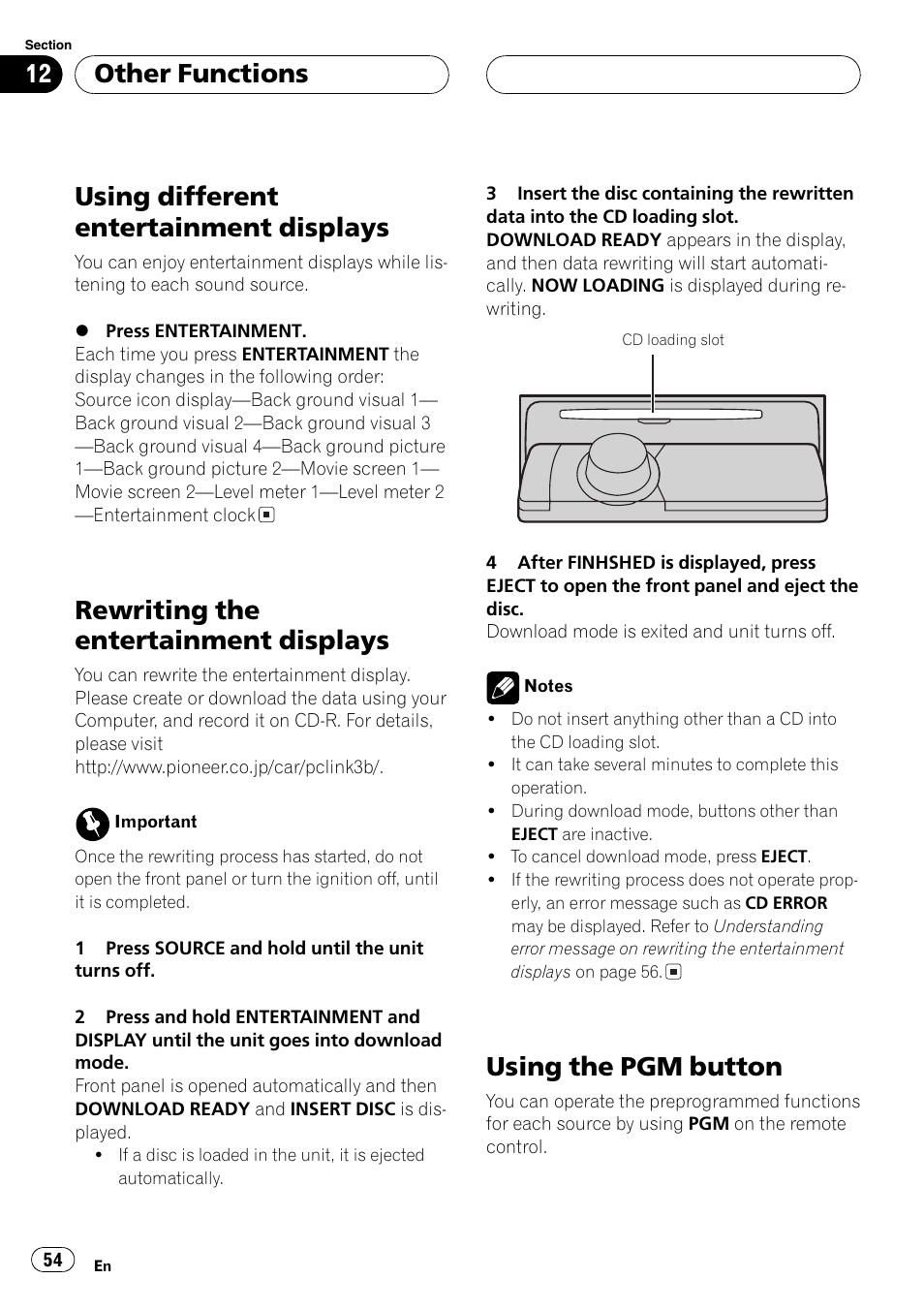 Usingdifferent entertainment displays, Rewritingthe entertainment displays, Usingthe pgm button | Other functions | Pioneer DEH-P1Y User Manual | Page 54 / 64