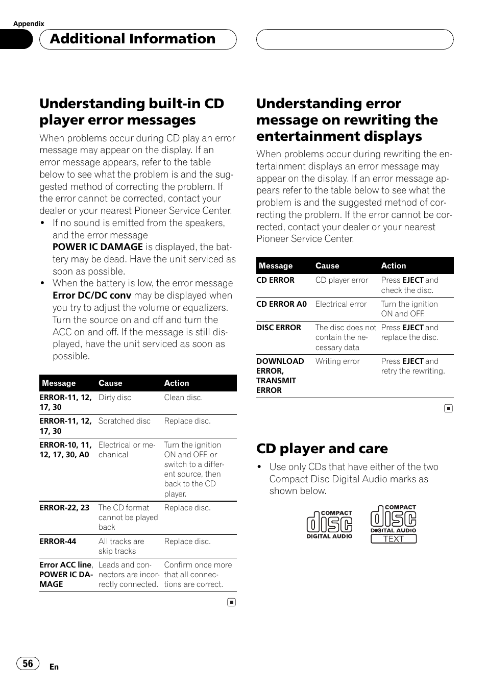Messages 56, Understanding error message on rewriting, The entertainment displays 56 | Cd player and care 56, Understandingbuilt-in cd player error messages, Cd player and care, Additional information | Pioneer DEH-P1Y User Manual | Page 56 / 64