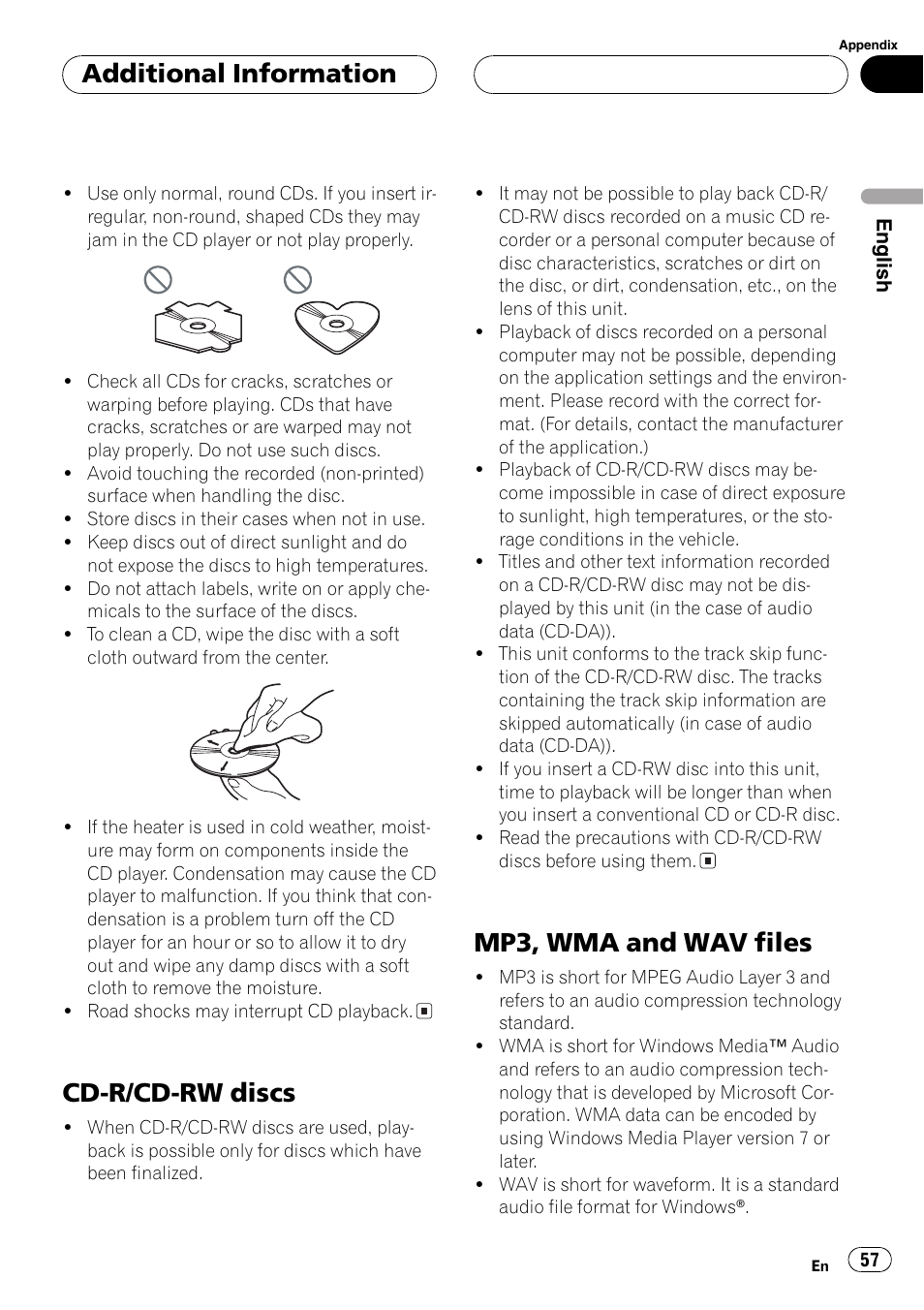 Cd-r/cd-rw discs 57, Mp3, wma and wav files 57, Cd-r/cd-rw discs | Mp3, wma and wav files, Additional information | Pioneer DEH-P1Y User Manual | Page 57 / 64