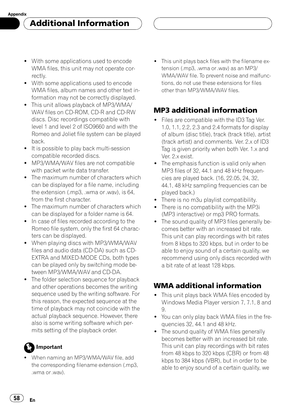 Mp3 additional information 58, Wma additional information 58, Additional information | Mp3 additional information, Wma additional information | Pioneer DEH-P1Y User Manual | Page 58 / 64