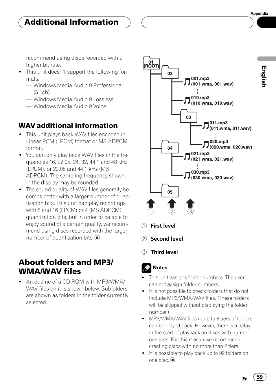 Wav additional information 59, About folders and mp3/wma/wav files 59, About folders and mp3/ wma/wav files | Additional information, Wav additional information | Pioneer DEH-P1Y User Manual | Page 59 / 64