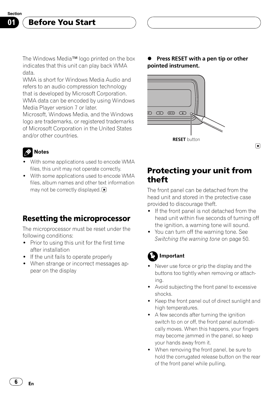 Resettingthe microprocessor, Protectingyour unit from theft, Before you start | Pioneer DEH-P1Y User Manual | Page 6 / 64