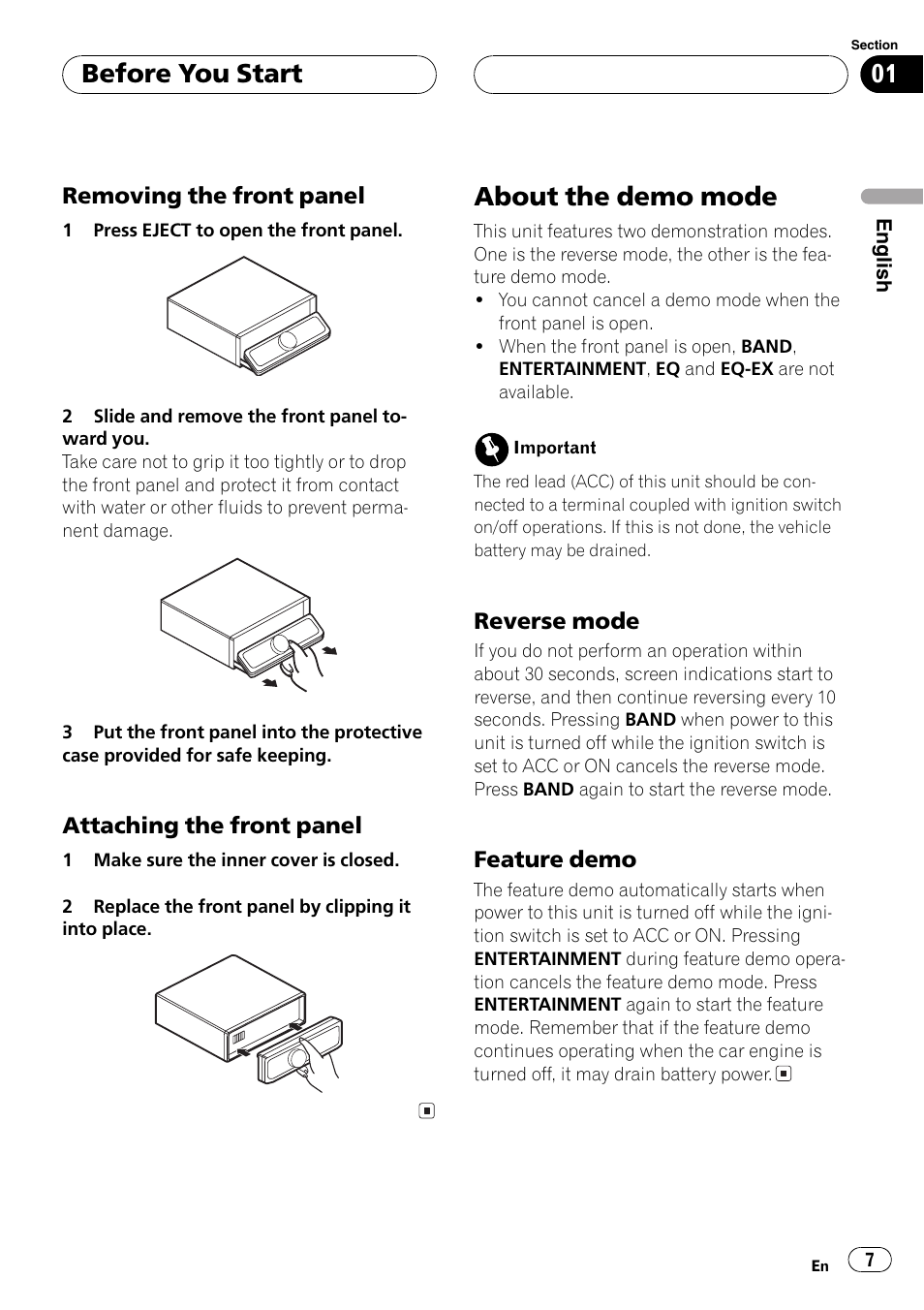 Removing the front panel 7, Attaching the front panel 7, About the demo mode 7 | Reverse mode 7, Feature demo 7, About the demo mode, Before you start | Pioneer DEH-P1Y User Manual | Page 7 / 64