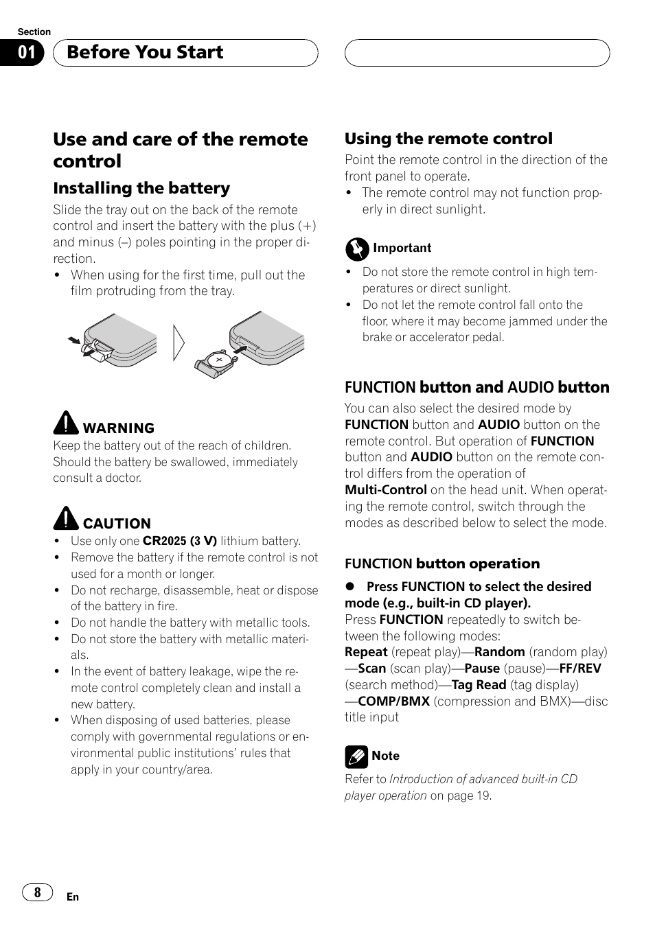 Use and care of the remote control 8, Installing the battery 8, Using the remote control 8 | Function button and audio, Button 8, Use and care of the remote control, Before you start, Installingthe battery, Usingthe remote control, Function button and audio button | Pioneer DEH-P1Y User Manual | Page 8 / 64