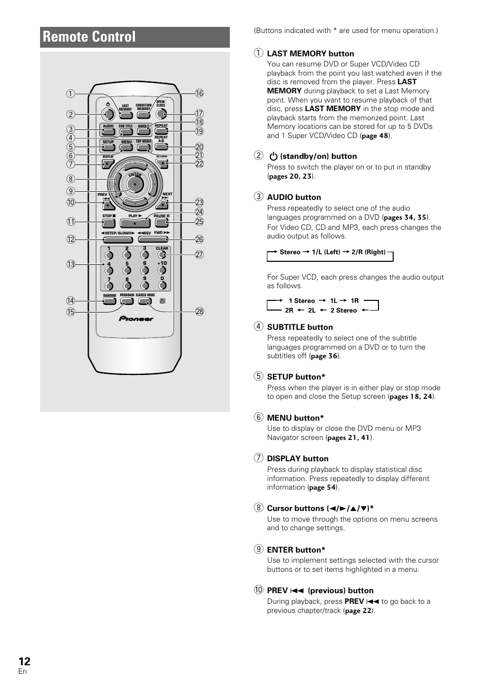 Remote control | Pioneer DV-440 User Manual | Page 12 / 64