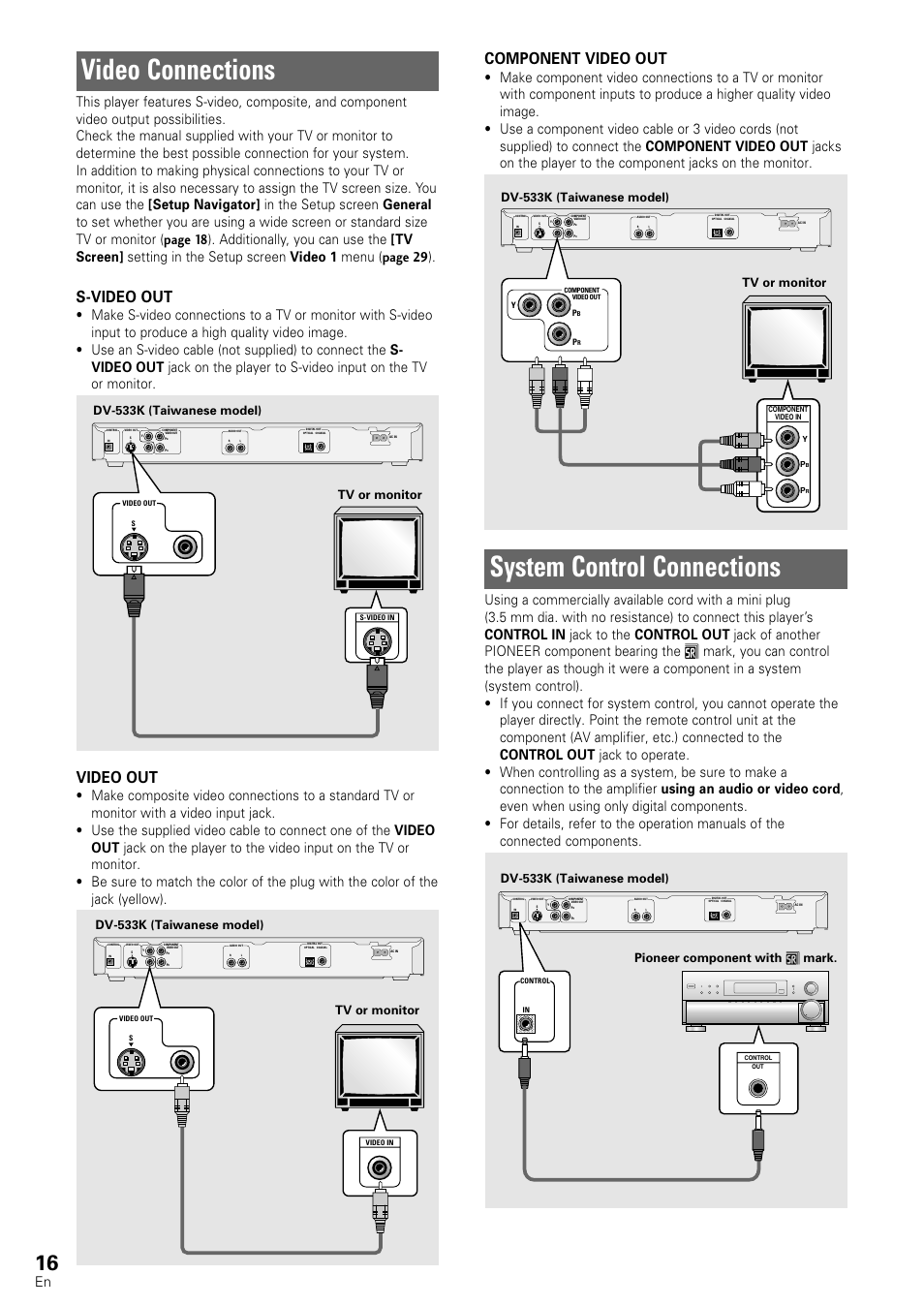 Video connections system control connections, Video connections, System control connections | S-video out, Video out, Component video out, Tv or monitor dv-533k (taiwanese model) | Pioneer DV-440 User Manual | Page 16 / 64