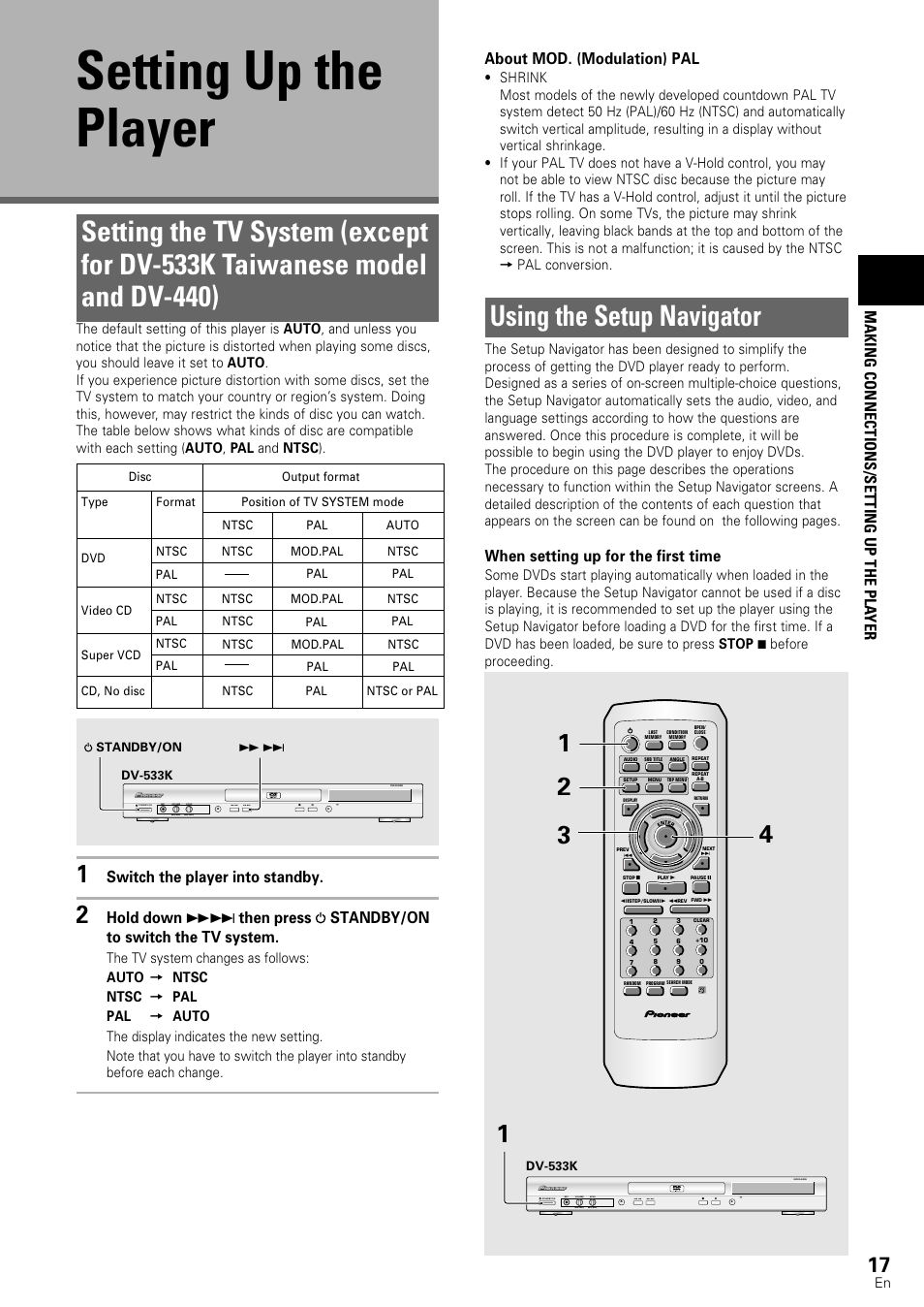 Setting up the player, Setting the tv system using the setup navigator, Using the setup navigator | When setting up for the first time, Making connections/setting up the pla yer, Switch the player into standby, About mod. (modulation) pal | Pioneer DV-440 User Manual | Page 17 / 64
