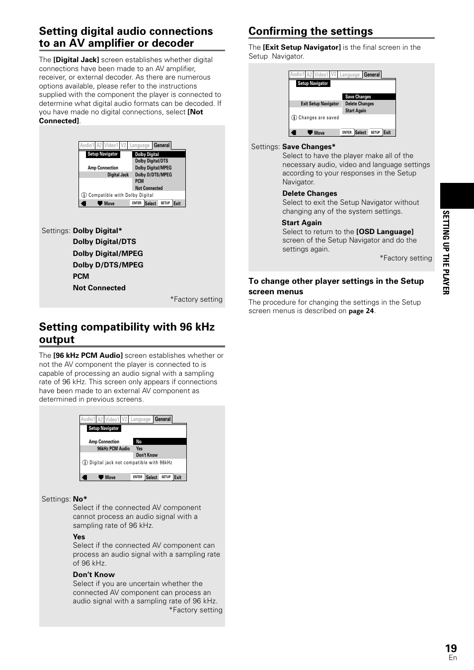 Confirming the settings, Setting compatibility with 96 khz output, Setting up the pla yer | Pioneer DV-440 User Manual | Page 19 / 64