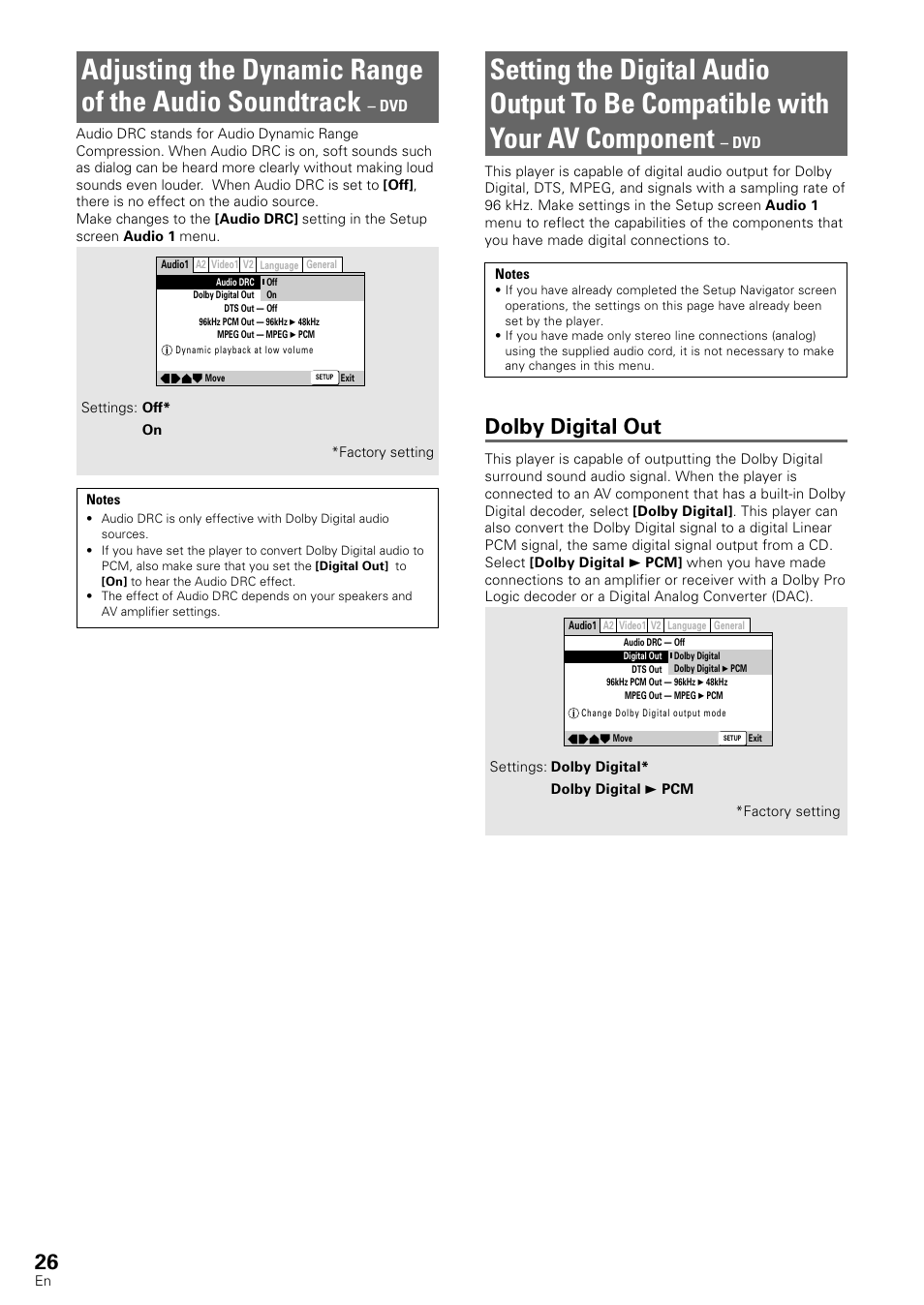 Adjusting the dynamic range of, The audio soundtrack, Setting the digital audio output to be | Compatible with your av component, Dolby digital out | Pioneer DV-440 User Manual | Page 26 / 64