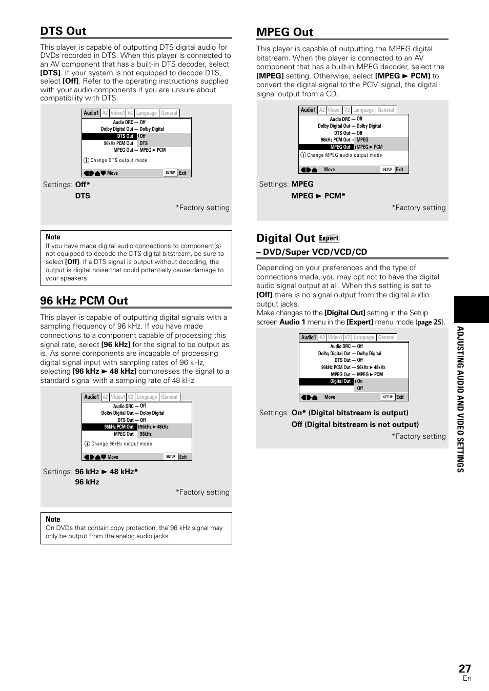 Dts out, 96 khz pcm out, Digital out | Mpeg out, Adjusting audio and video settings, Dvd/super vcd/vcd/cd | Pioneer DV-440 User Manual | Page 27 / 64