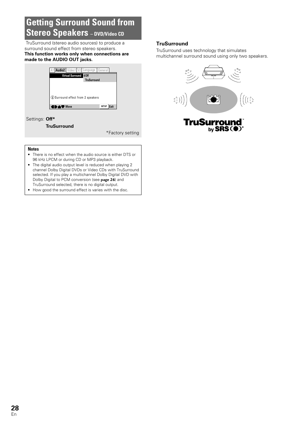 Getting surround sound from, Stereo speakers, Getting surround sound from stereo speakers | Pioneer DV-440 User Manual | Page 28 / 64