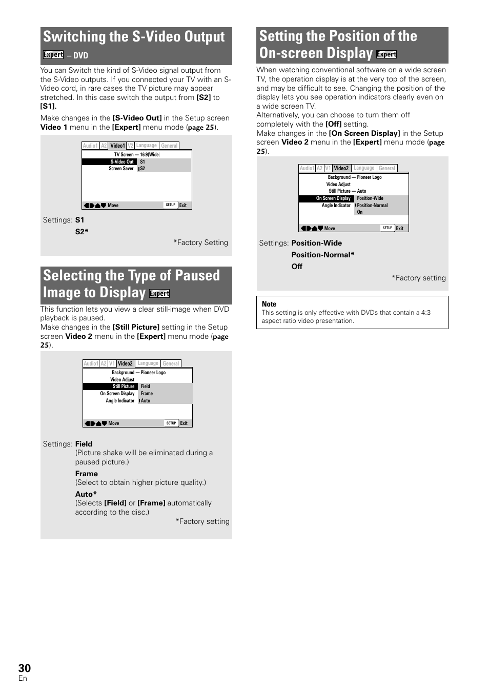Display, Setting the position of, The on-screen display | Selecting the type of paused image to display, Switching the s-video output, Setting the position of the on-screen display | Pioneer DV-440 User Manual | Page 30 / 64