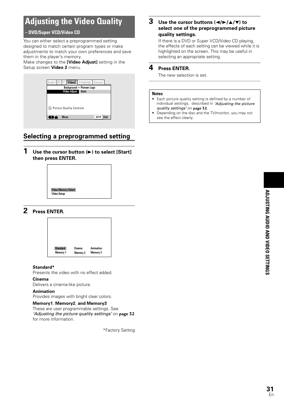Adjusting the video quality, Selecting a preprogrammed setting | Pioneer DV-440 User Manual | Page 31 / 64