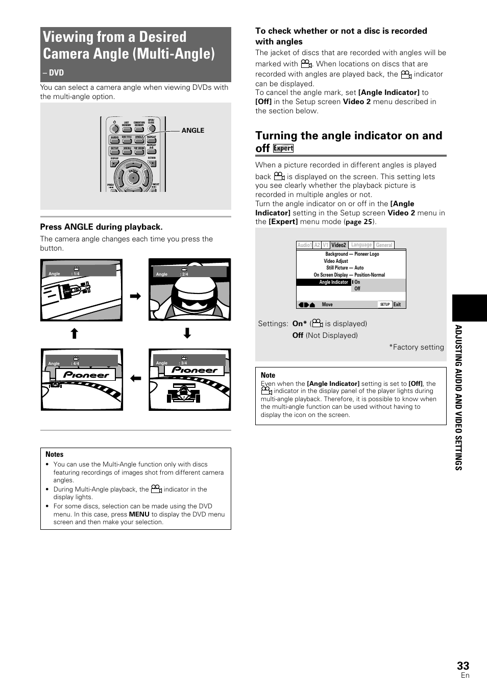 Viewing from a desired camera angle, Multi-angle), Viewing from a desired camera angle (multi-angle) | Turning the angle indicator on and off, Adjusting audio and video settings, Press angle during playback | Pioneer DV-440 User Manual | Page 33 / 64