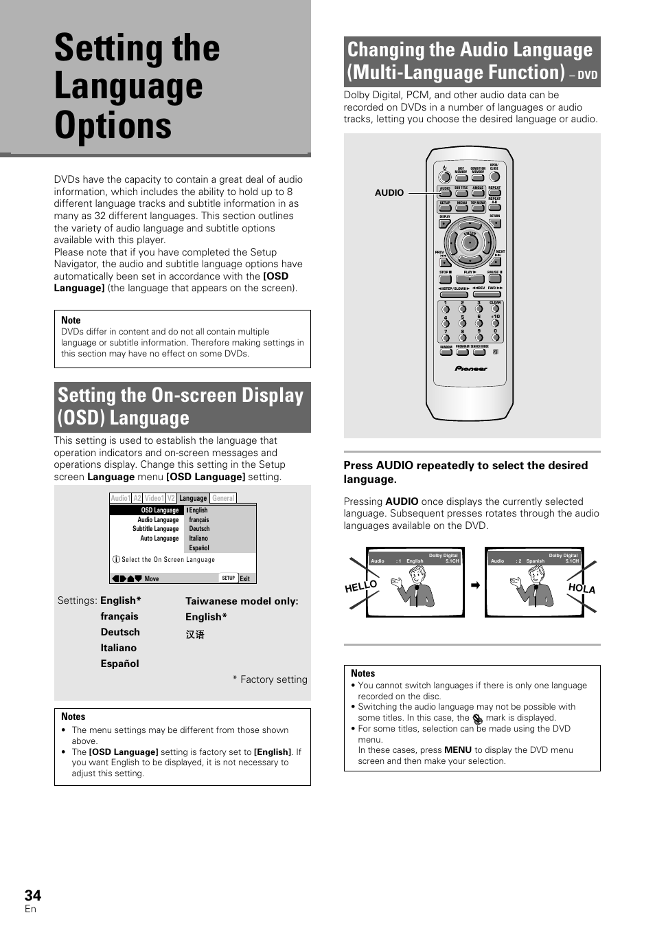 Setting the language options, Setting the on-screen display, Osd) language | Changing the audio language, Multi-language function), Setting the on-screen display (osd) language, Hello hola, Taiwanese model only: english | Pioneer DV-440 User Manual | Page 34 / 64