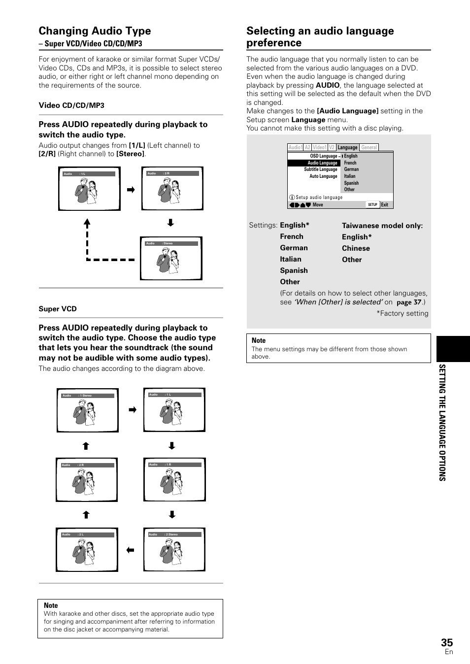 Changing audio type, Selecting an audio language preference, Setting the language options | Super vcd/video cd/cd/mp3 | Pioneer DV-440 User Manual | Page 35 / 64