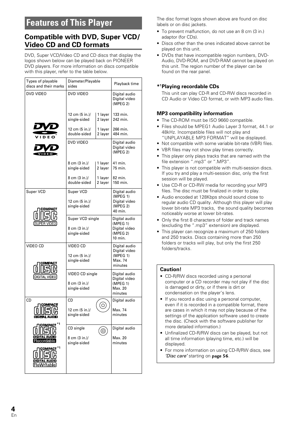 Features of this player | Pioneer DV-440 User Manual | Page 4 / 64