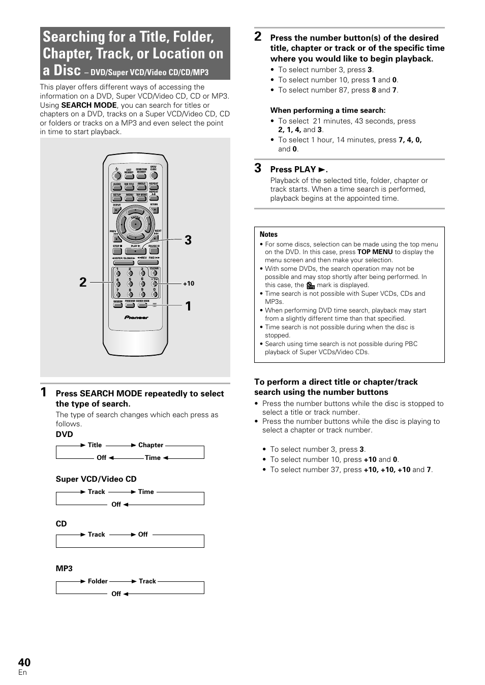 Searching for a title, folder, chapter, track, or, Location on a disc, Dvd/super vcd/video cd/cd/mp3 | Press play 3, Dvd super vcd/video cd cd mp3 | Pioneer DV-440 User Manual | Page 40 / 64